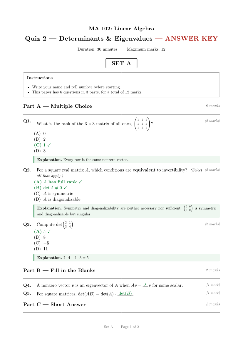 Linear algebra quiz